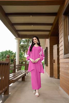 Nikhaar pink hand embroidery art silk jacket styles culottes kurta & set 1