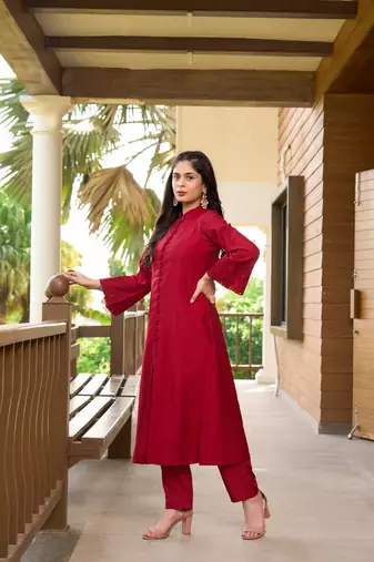 Nikhaar maroon hand embroidery art silk a line kurta &