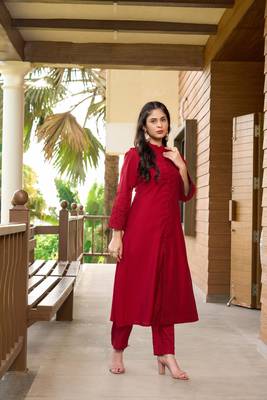 Nikhaar maroon hand embroidery art silk a line kurta & 4