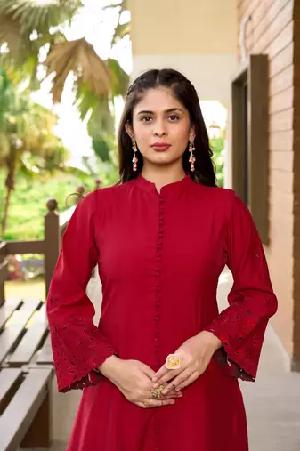 Nikhaar maroon hand embroidery art silk a line kurta &