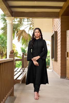 Nikhaar black hand embroidery art silk a line kurta & 1