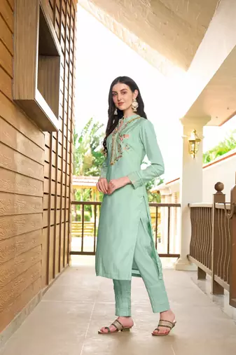 Nikhaar light green hand embroidery art silk straight cut pants kurta & set