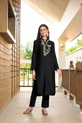 Nikhaar black hand embroidery art silk straight cut pants kurta & set 1
