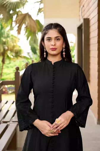 Nikhaar black hand embroidery art silk a line kurta &