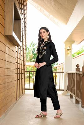 Nikhaar black hand embroidery art silk straight cut pants kurta & set 3