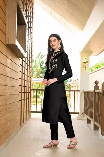 Nikhaar black hand embroidery art silk straight cut pants kurta & set