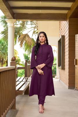 Nikhaar violet hand embroidery art silk a line kurta & 1