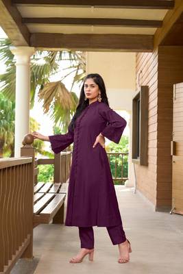 Nikhaar violet hand embroidery art silk a line kurta & 3