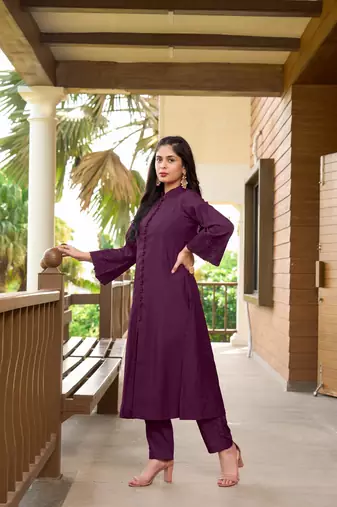 Nikhaar violet hand embroidery art silk a line kurta &