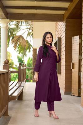 Nikhaar violet hand embroidery art silk a line kurta & 4