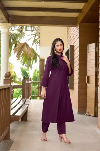 Nikhaar violet hand embroidery art silk a line kurta &