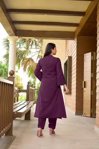Nikhaar violet hand embroidery art silk a line kurta &