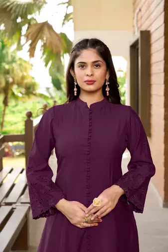 Nikhaar violet hand embroidery art silk a line kurta &