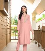 Nikhaar light pink hand embroidery art silk straight cut pants kurta & set