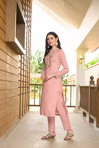 Nikhaar light pink hand embroidery art silk straight cut pants kurta & set