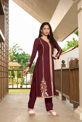 Nikhaar dark maroon hand embroidery art silk a line kurta & 3