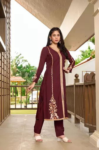 Nikhaar dark maroon hand embroidery art silk a line kurta &