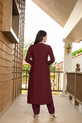 Nikhaar dark maroon hand embroidery art silk a line kurta & 4
