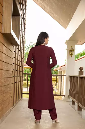 Nikhaar dark maroon hand embroidery art silk a line kurta &