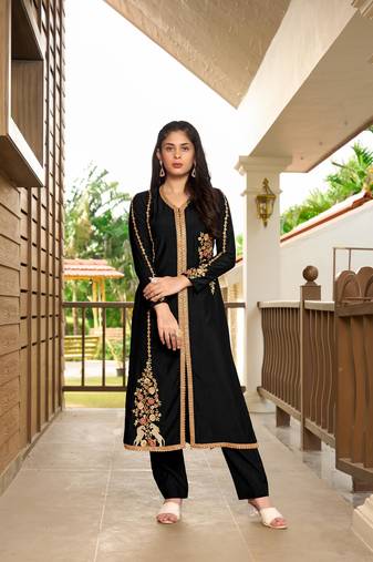 Nikhaar black hand embroidery art silk a line kurta &