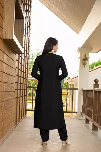 Nikhaar black hand embroidery art silk a line kurta &