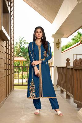 Nikhaar royal blue hand embroidery art silk a line kurta & 1