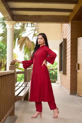Nikhaar maroon hand embroidery art silk a line pants kurta & set 3