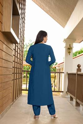 Nikhaar royal blue hand embroidery art silk a line kurta & 4