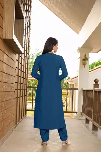 Nikhaar royal blue hand embroidery art silk a line kurta &