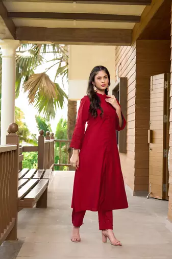 Nikhaar maroon hand embroidery art silk a line pants kurta & set