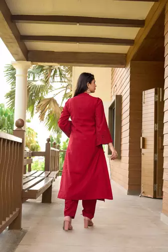 Nikhaar maroon hand embroidery art silk a line pants kurta & set