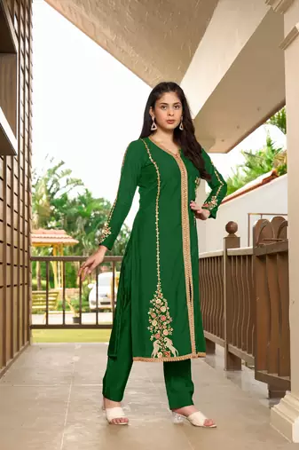 Nikhaar dark green hand embroidery art silk a line kurta &