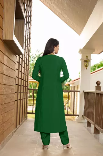 Nikhaar dark green hand embroidery art silk a line kurta &