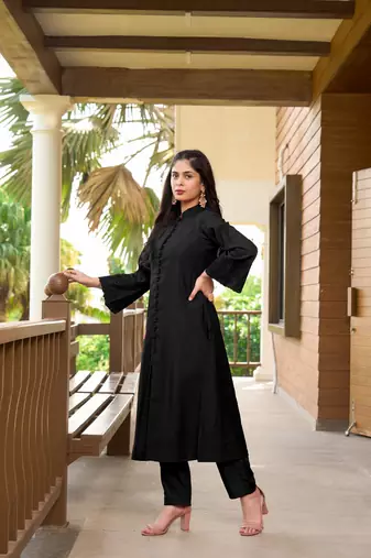 Nikhaar black hand embroidery art silk a line pants kurta & set