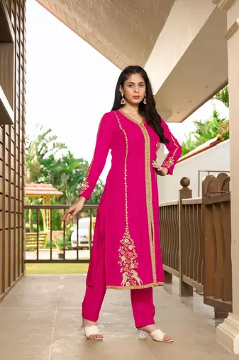 Nikhaar pink hand embroidery art silk a line kurta &