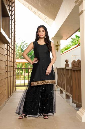 Nikhaar black resham embroidery cotton straight cut kurta &