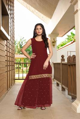 Nikhaar maroon resham embroidery cotton straight cut kurta & 1