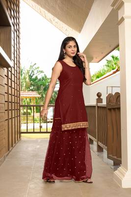 Nikhaar maroon resham embroidery cotton straight cut kurta & 3
