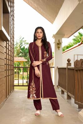Nikhaar dark maroon hand embroidery art silk a line pants kurta & set 1