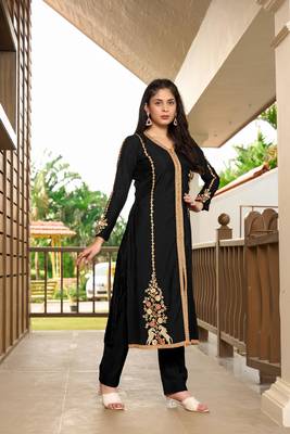 Nikhaar black hand embroidery art silk a line pants kurta & set 3