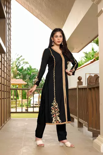 Nikhaar black hand embroidery art silk a line pants kurta & set