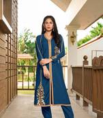 Nikhaar royal blue hand embroidery art silk a line pants kurta & set