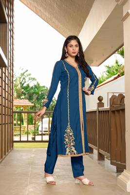 Nikhaar royal blue hand embroidery art silk a line pants kurta & set 3