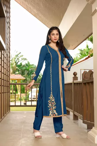 Nikhaar royal blue hand embroidery art silk a line pants kurta & set