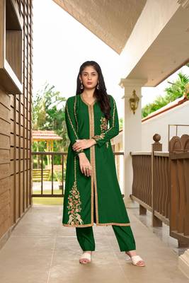 Nikhaar dark green hand embroidery art silk a line pants kurta & set 1