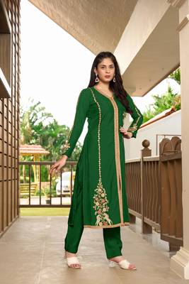 Nikhaar dark green hand embroidery art silk a line pants kurta & set 3