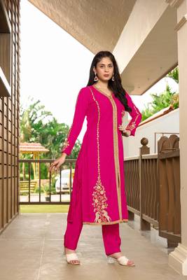 Nikhaar pink hand embroidery art silk a line pants kurta & set 3