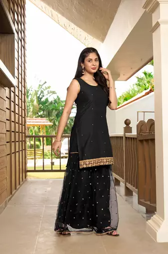 Nikhaar black resham embroidery cotton straight cut shahara kurta & set