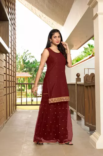 Nikhaar maroon resham embroidery cotton straight cut shahara kurta & set