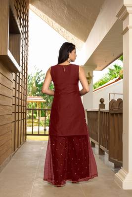 Nikhaar maroon resham embroidery cotton straight cut shahara kurta & set 4
